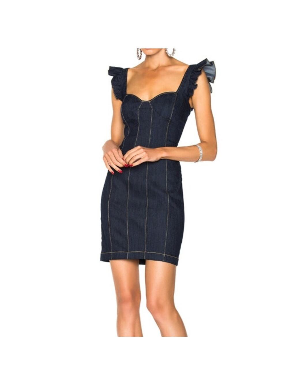 Cinq a Sept Mathis Denim Dress 8 Indigo Blue Ruffle Mini Sheath Fitted Contrast